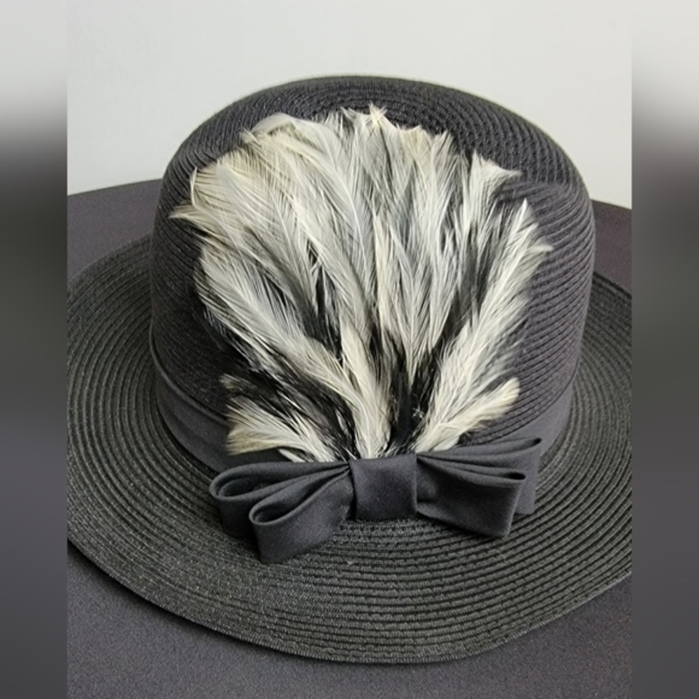 Gorgeous Vintage Black Straw Hat with‎ Ribbon & Gray Feathers Taiwan R.O.C.